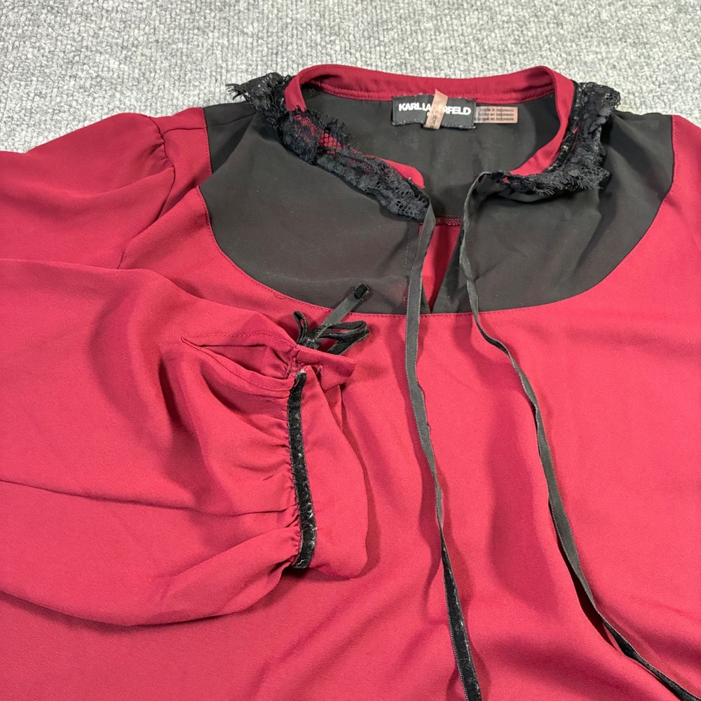 Karl Lagerfeld Paris Blouse Womens M Burgundy Lace Tie Neck Sheer Top